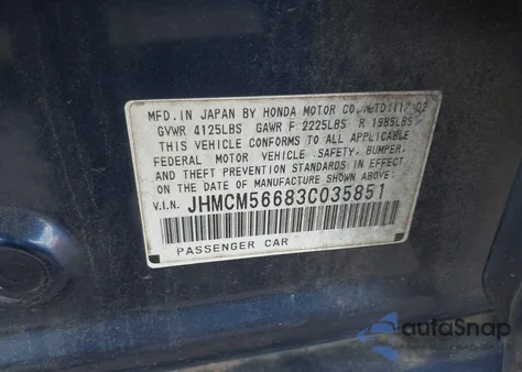 2003 Honda Accord 2.4 Ex из США, поврежденный, VIN JHMCM56683C035851